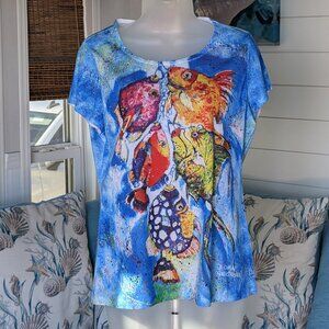 NWOT Leoma Lovegrove Colorful Short Sleeve Tropical Fish TShirt Size Medium